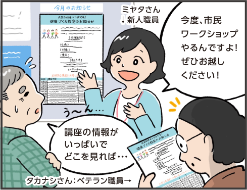 ミヤタさん「今度、市民ワークショップやるんですよ！ぜひお越しください！」職員さん「講座の情報がいっぱいでどこを見れば…」